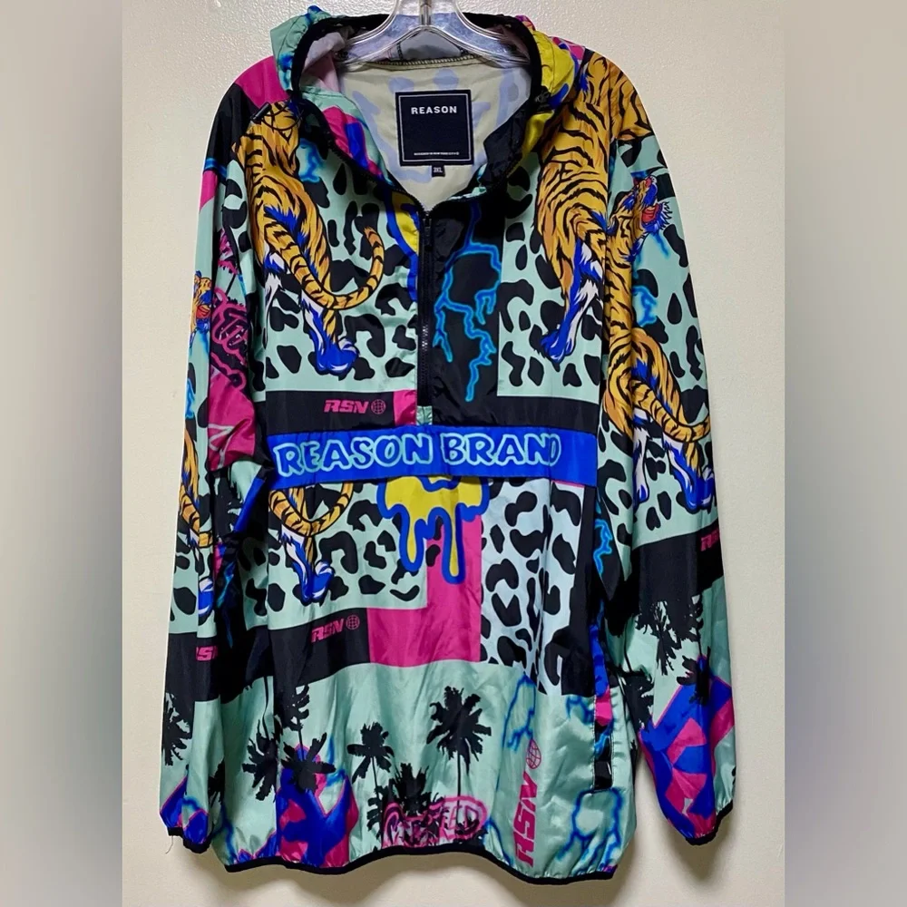 Reason Brand AOP AllOver Print Half-Zip Pullover Hooded Jacket Smiley Tiger RSN - Picture 2 of 14